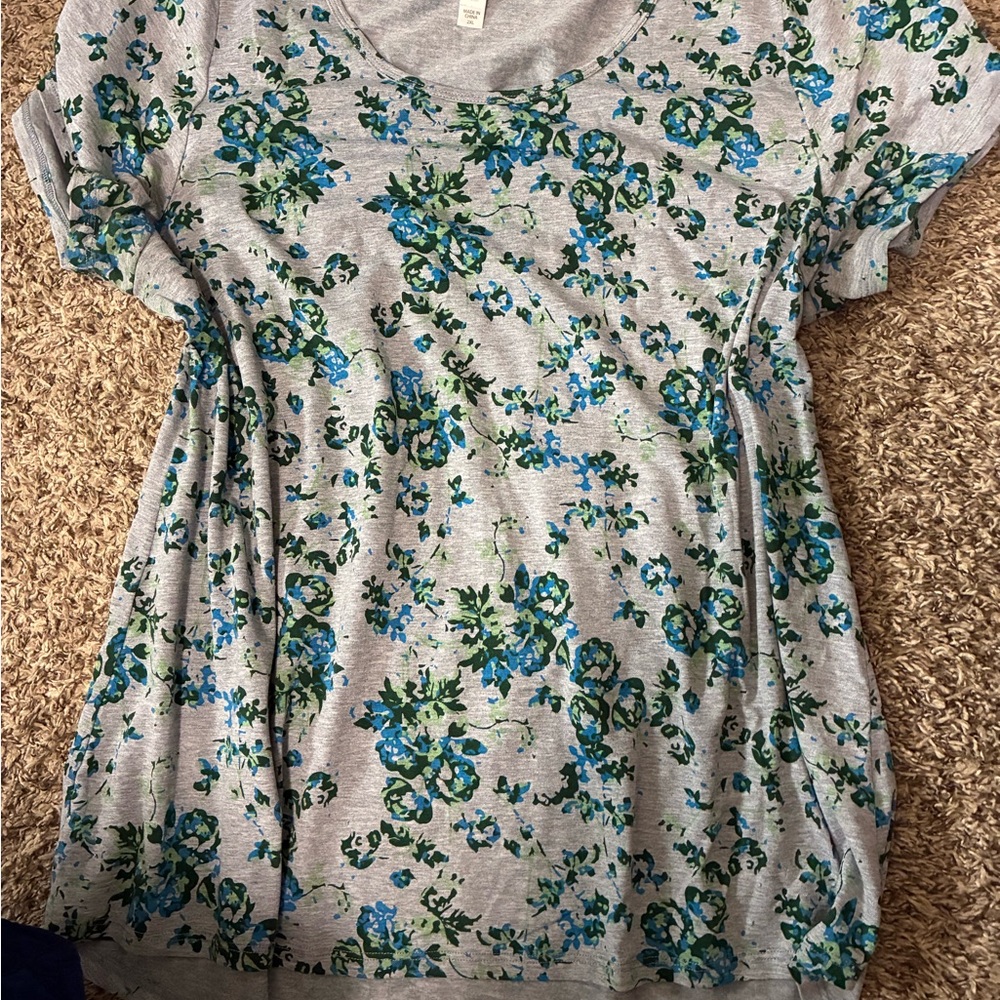 LuLaRoe Grey Scoop Neck Top with Blue & Green Floral Print